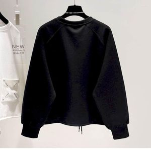 Dam Luvtröjor Design Pocket Pullover tjej Kort fåll Dragsko Toppar Vår Höst Trend Pullover Koreansk stil Mode Lös sweatshirt svart