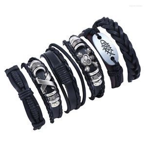 Charm Bracelets Black Rock Punk 6 Pcs/set Alloy Fish Wrap Men Leather Women Homme Femme Male Friend Gift Jewelry