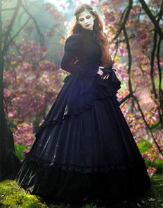 Черные готические свадебные платья высокая шея длинные вспыльчивые рукава с кружева и атласные винтажные средневековые свадебные платья на заказ
