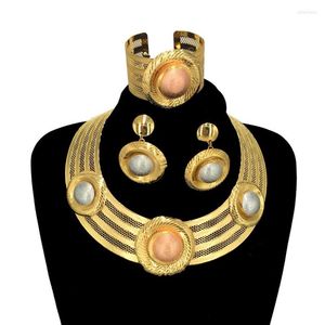 Necklace Earrings Set Selling Jewelry Female And Dubai Gold Plate Bracelet Ring Wedding Adornment FHK13505