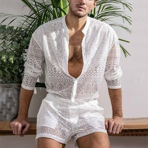 Men's Tracksuits Summer Set Men Short Sleeve Tshirt Shorts Casual Holiday Beachwear Lace Sexy Top and Pants Two Piece Sets Man Matching Outfits 230707