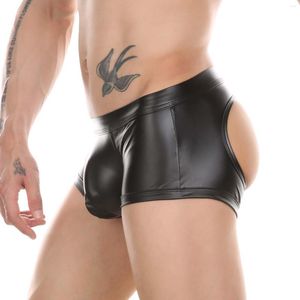 Kalesony męskie bokserki Faux Leather wyglądające na mokre seksowne majtki otwarte BuG stringi pośladki bokserki klub Hip odsłonięty projekt