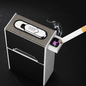 USB Double Arc Plasma Lighter Automatic Cigarette Case 20 Moisture-proof Metal Gadgets Mens Gift 3MWJ