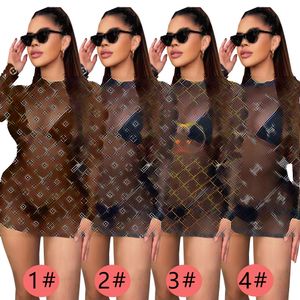 Designer Mesh Sheer Dresses Women Sexig Crew Neck Short Mini Dress Clubwear Gratis fartyg