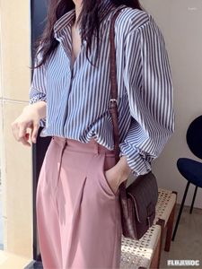 Blouses pour femmes 2023 hauts amples Blusas mode femmes décontracté bureau dame travail quotidien Date filles simple boutonnage bleu rayure chemises