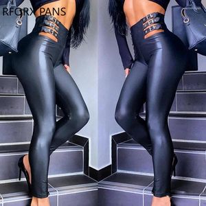 Calça Feminina Feminina Casual Sólida Cintura Alta Couro PU Bandagem Elástica Magra PrimaveraAutumn Lápis Preto