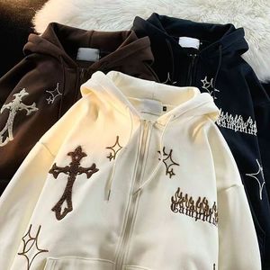 Women's Hoodies Sweatshirts Vintage Embroidery Cross Hoodies Women Harajuku Long Sleeve Zip Up Sweatshirt Hip Hop Gothic Streetwear Hooded Jacket Coat Y2k 230707