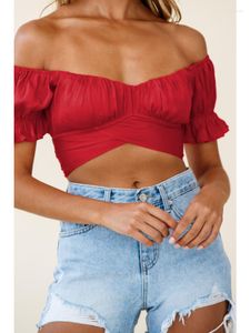 Dam T-shirts Dam Sommar Solid Crop Top Elegant Casual Mode Kontor Dam Off Shoulder Bodycon Smal snörning Kortärmad T-shirt 2023