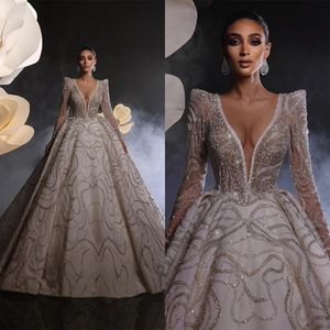 Gorgeous Sequins Ball Gown Wedding Dresses Deep V Neck Appliques Lace Robe De Mariee Custom Made Long Sleeves Sweep Train Bride