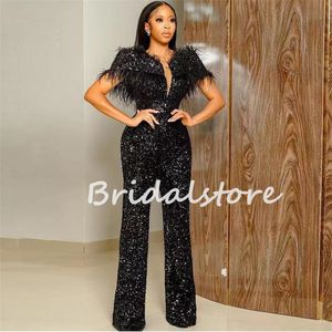 Sparkle Sequin Jumpsuit Evening Dress 2023 Elegant Black Girls Feather Prom Dresses Plus Size Night Occasion Formal Party Outfit South African Ceremony Dress