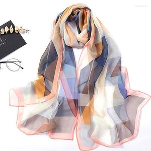 Cachecóis Feminino Colorido Georgette Bandana Cachecóis Geométrico Elegante Chiffon Cachecol Verão Praia Proteção Solar Viagens Xale