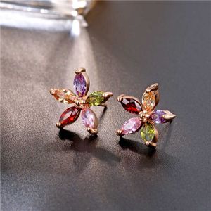 Colorful Vintage Foloral Wedding Boho Stud Earring Cute Flower Jewelry Star Earrings Studs Rose Gold Five Pointed for Women Girls Cz Cubic Zirconia Piercing Bride