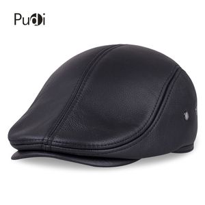 HL042 Men's Real Genuine Cow Leather Baseball Hat Brand Newsboy Beret Winter Warm Caps With Ear Flap