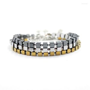 Link Bracelets Gold/silver Color/black Hematite Cube With Round Beads 4mm Beaded Bracelet Leaf Charm Resizable For Men Women