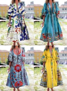 Casual Dresses Frau Kleid Vintage V-Ausschnitt 3/4 Puffärmel Blumendruck Quaste Großer Saum Maxi für Frauen Femme Robe Drop Lieferung Appa Dhayr