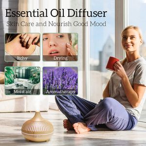 Luftbefeuchter, 500 ml, Aromatherapie-Diffusor für ätherische Öle, Holzmaserungskontrolle, Ultraschall-Luftbefeuchter, kühl mit farbigen LED-Leuchten