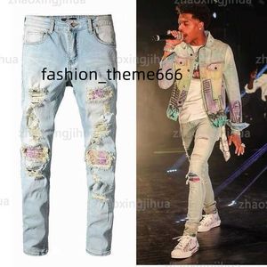 Jeans uomo firmati No Rips Jeans skinny Amirri per uomo Pantaloni uomo strappati con fori Camicia uomo denim Gamba dritta Slim Fit Cerniera amari Hip Hop Bikers Moto