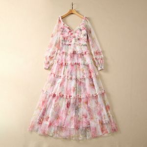 2023 Summer Pink Floral Print Panelled Tulle Stringy Selvedge Backless Dress Long Sleeve V-Neck Long Maxi Casual Dresses S3Q060705