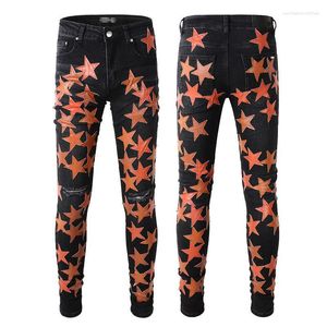 Men's Jeans Hip Hop Y2k Mens Slim Fit Ripped Distressed Skinny Stretch Embroidered Leather Stars Patchwork Denim Pants