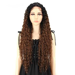 Synthetic Wigs Lace Wig Synthetic 30 Inch Super Long Kinky Curly Hair Ombre Blonde Loose Deep Wave s Heat Resistant Fiber 230227