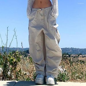 Calças femininas cinza cintura baixa calças femininas streetwear bolsos cargo Y2K vintage com cadarço ajustável perna larga suor