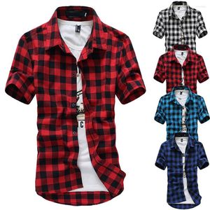 Men's Casual Shirts Summer Checkered Shirt Tops Short Sleeve Turn-Down Collar Cotton Linen Button Blouse Beach Vacation Style Male Plaid