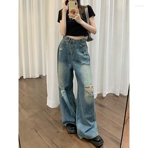 Jeans Feminino Y2k Vintage Bule Rasgado Mulheres Verão High Street Moda Calças Denim Cintura Feminina Estilista Casual Perna Larga