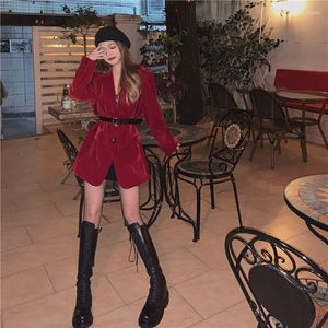 Women's Suits Spring Retro Red Velvet High Street Suit Jacket Blazers Summer Loose Waist Belt Top Overcoat Women Coat Female Clothes