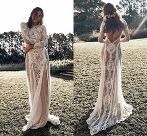 2023 Vintage Spitze Boho Strand Brautkleider Langarm Applikation Rückenfrei Landhausstil Böhmisches Hochzeitskleid Brautkleider Hippie Gypsy Vestido