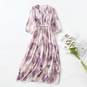 2023 Summer Purple Contrast Color Weave Waist Silk Dress 3/4 Sleeve V-Neck Buttons Midi Casual Dresses C3Q04 Plus Size XXL 75072