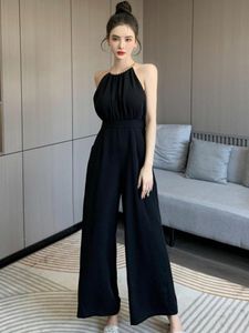 Suits Korean Women One Piece Jumpsuits Black Vintage Sexig Chain Halter High midje Party Club Lady Mujer Wide Leg Loose Rompers Summer