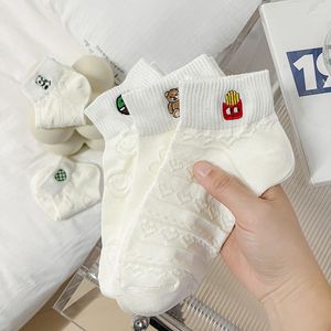 Women Socks White Female Spring Summer Japanese Korea Style Cute Cartoon Embroidery Cotton Low Tube Ankle Girls Gift Wholesale