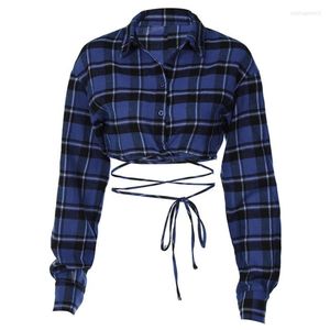 Women Blouse Classic Plaid Long Sleeve Blouse Girl Chic Button Down Shirt Lapel Neck Casual Crop Top Sexy Pullover 500
