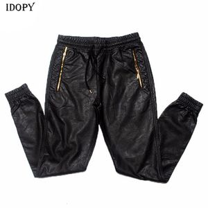 Men's Pants Idopy Men's Autumn Faux Leather Joggers Harem Hip Hop Ankle Gold Zippers Elastic Waist Drawstring PU Trousers For Male 230707