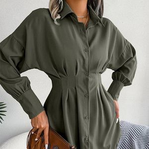 Casual Dresses Women Summer Corset Pleated Dress Elegant Fashion Long Lantern Sleeve Turn Down Collar Single Breasted Mini