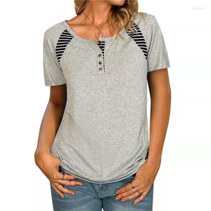 T-shirt da donna T-shirt con stampa a righe estive T-shirt da donna casual manica corta girocollo con bottoni T-shirt con cuciture alla moda Pullover dritto