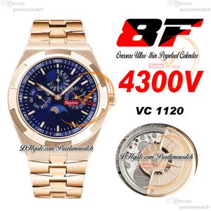 8F Overseas Perpetual Calendar Moonphase 4300V A1120 Automatic Mens Watch Rose Gold Blue Stick Dial Stainless Steel Bracelet Super Version Edition Puretime G7