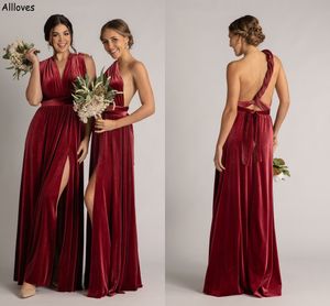 Şık Burgundy Velvet Infinity Convertible Nedime Elbiseler Seksi Yan Yarık Uzun Bir Çizgi Maid Of Honowns Rustik Ülke Düğün Plus Boyut Konuk Partisi Elbise Cl2556