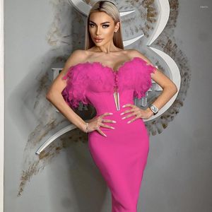 Casual Dresses Summer Women Sexy Red Sleeveless Strapless Off Shoulder Feather Midi 2023 Bandage Bodycon Celebrity Club Cocktail Evening