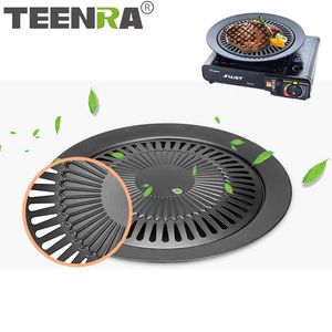 BBQ Tools Accessories TEENRA 1Pcs Barbecue Plate Round Iron BBQ Grill Plate Smokeless Non-Stick Gas Stove Plate BBQ Roasting Cooking Tool Sets 230707