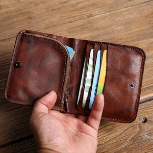 Men Original Leather Wrinkle Wallet Credit Card Zip Coin Pocket Mini Money Bag Slim Short Small Purse Minimalist Wallet for Male