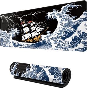 Japanese Wave Lighting Sailing Pad XL Large Non Slip Rubber Mousepad Stitched Edges Desk Pad Long Extended Mice Pad 31.5X11.8