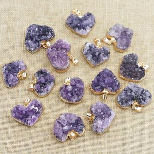 Pendant Necklaces Fashion Natural Purple Love Crystal Raw Mine Heart Print Necklace Charm Jewelry Making Gem Accessories Wholesale 6pc