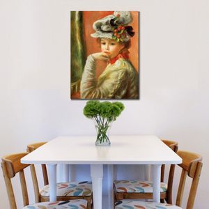 Handmade Artwork Canvas Paintings by Pierre Auguste Renoir Young Girl in A White Hat Modern Art Kitchen Room Decor