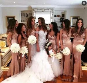 2023 Rose Gold Sequins Bridesmaid Dresses Sheath Spaghetti Straps Floor Length Side Slit Ruched Custom Made Plus Size Maid Of Honor Gowns Vestidos For Beach 403