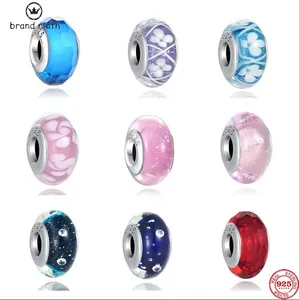 925 argento per pandora charms gioielli perline braccialetto fiore rosa viola vetro di Murano fai da te set di fascino fine