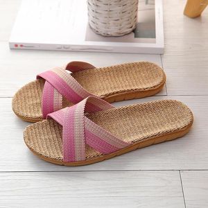 Slippers Women Summer Casual Slides Comfortable Flax Striped Linen Flat Flip Flops Cross Strap Sandals Ladies Indoor Shoes
