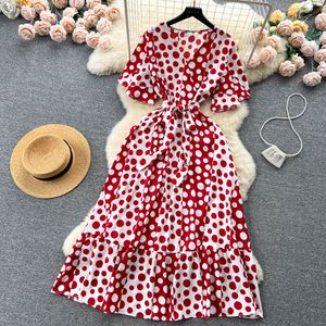 Basic Casual Dresses Summer New Fashion Sweet V-Neck Dot Print A-line Dress Women's Short Sleeve Slim Lace Up Casual Clothes Vestido Feminino 2023