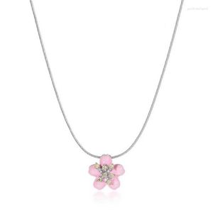 Pendant Necklaces Fashion Fresh Pink Enamel Painted Erystal-encrusted Flowers Girl Gift Exquisite Necklace