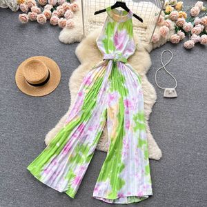 Macacões de calças de duas peças femininas vintage verão elegante gola entalhada manga curta perna larga macacão feminino bege/verde/vermelho com faixas 2023